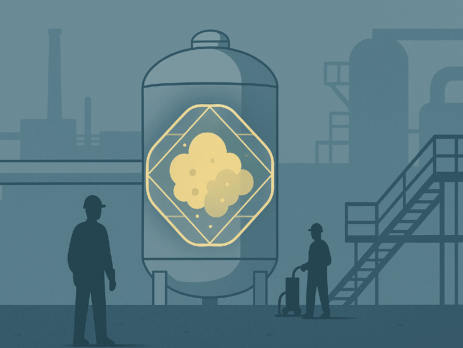 Un cylindre ou un réservoir stylisé dans un environnement industriel épuré, dont l’intérieur est représenté en coupe. À l’intérieur, une concentration diffuse de gaz est visible, entourée d’un champ géométrique lumineux évoquant une zone de risque ou de surveillance invisible. Autour, des silhouettes d’ouvriers ou d’équipements techniques se tiennent à distance, dans une posture maîtrisée.